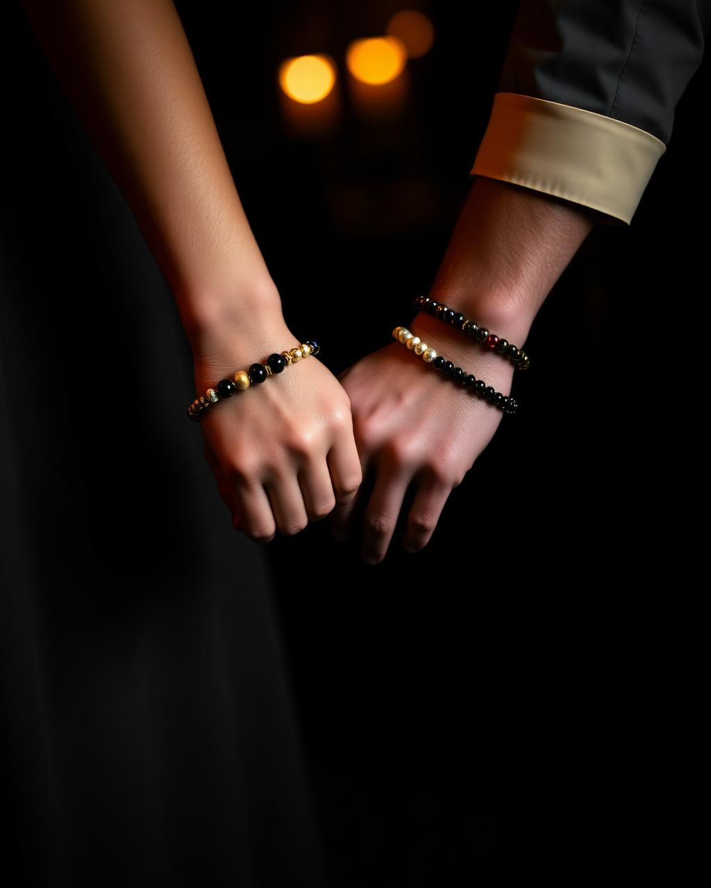 Couple wearing matching beaded bracelets