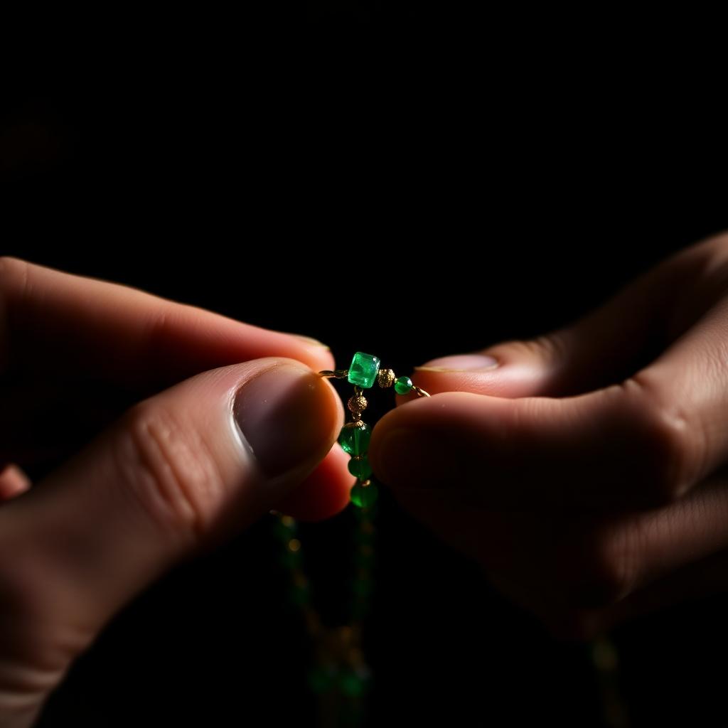 Stringing emerald and gold beads by hand