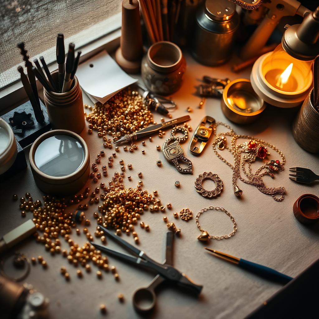 Artisan jewelry workspace flatlay